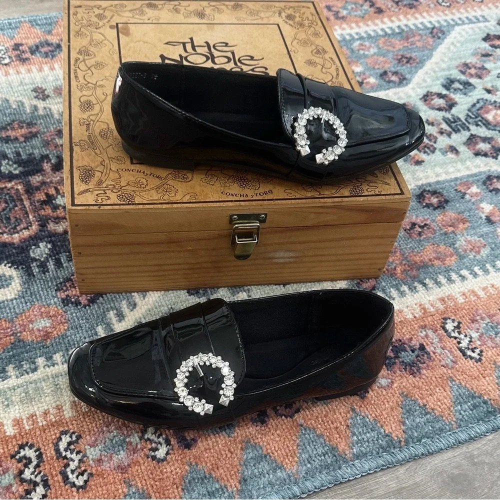Top Moda Women’s Black Patent Crystal-Embellished Women's Loafers Size 7.5